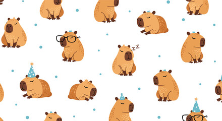 Obraz premium Seamless pattern featuring cute capybaras in various activities such as sleeping, wearing glasses, and celebrating with party hats.