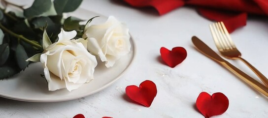 Elegant white roses adorn a pristine plate, symbolizing romance.
