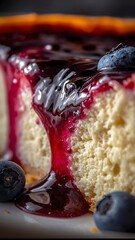 Delicious blueberry cheesecake dessert recipe with sweet berry topping close up
