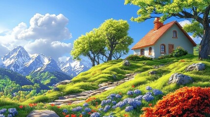 Serene cottage overlooking a whimsical fantasy world.