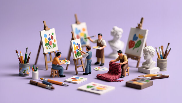 Miniature artists creating colorful abstract paintings in a creative studio setting
