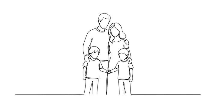 Continuous one line of a family standing together, theme of unity and warmth, drawn vector illustration.
