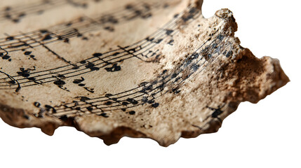 Aged yellow paper fragment with vintage sheet music notes on a white background, torn edges and black musical notation with aged paper and musical notes