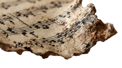 Aged yellow paper fragment with vintage sheet music notes on a white background, torn edges and black musical notation with aged paper and musical notes