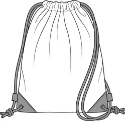 Drawstring backpack sketch with reinforced corner panels, adjustable rope straps, hand drawn line art vector, minimalist gym bag illustration