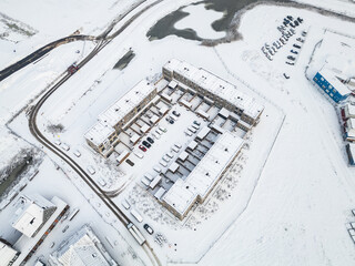 new residential area Westergouwe in Gouda, the Netherlands Winter snow storm system brings unusually heavy snowfall causing disruption and road closures. Code Orange weather warning is in effect