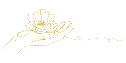 Continuous one line of a flower blooming from the hand, theme of hope and care, drawn vector illustration.