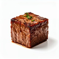 Succulent cube steak glistening on a stark white backdrop with green garnish