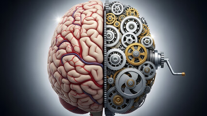 Conceptual depiction of the human brain merging with complex mechanical gears and a hand crank illustrating the intricate connection between biological thought processes and advanced engineering or ar