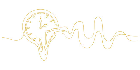 Obraz premium Continuous one line of a clock melting into a flowing line, time concept, drawn vector illustration.