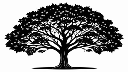 Fototapeta premium Very beautiful black vector silhouette of a leafy tree, cleanly isolated on white background, ideal for nature concepts, environmental graphics, minimal branding, landscape design, and modern botanica