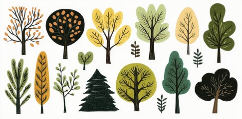 Isolated artwork of vibrant autumn trees and bushes.