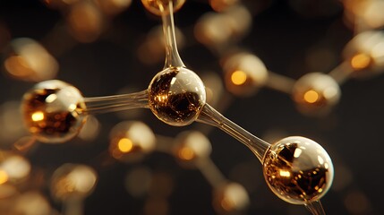 Close-up of a molecular structure, with spheres connected by transparent strands against a dark backdrop