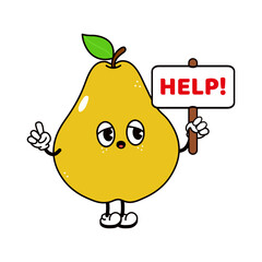 Sad cartoon pear character holding help sign asking for assistance