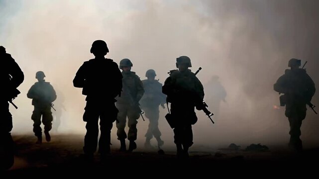 Military silhouettes walking dense fog, war-torn battlefield smoke fire background, cinematic lighting, epic war atmosphere, slow-motion dramatic action, explosions illuminating fog, 4K Ultra HD
