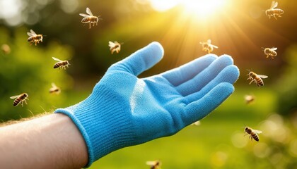 A beekeeper&rsquo;s gloved hand surrounded by bees, illustrating careful handling, safety awareness, and the potential risks such as bee stings and hand swelling during close interaction with hives.