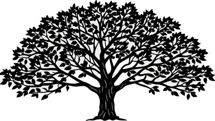 Very beautiful black vector silhouette of a leafy tree, cleanly isolated on white background, ideal for nature concepts, environmental graphics, minimal branding, landscape design, and modern botanica