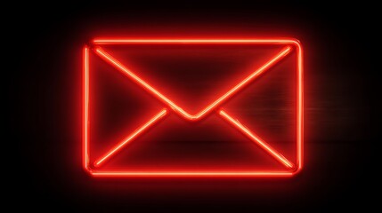 Glowing red neon envelope icon against a black backdrop, symbol of communication