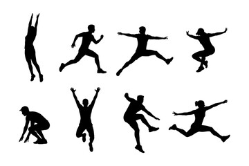 Dynamic silhouettes of athletes in action poses on white background