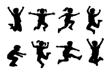 Energetic children silhouette set: kids jumping and playing