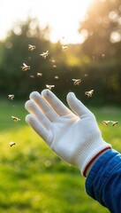 A beekeeper&rsquo;s gloved hand surrounded by bees, illustrating careful handling, safety awareness, and the potential risks such as bee stings and hand swelling during close interaction with hives.