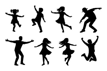 Fototapeta premium Dynamic silhouettes of people joyfully dancing in various poses on white background