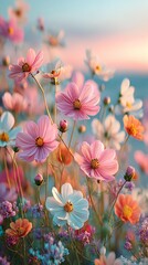 Blooming flowers in soft pastel colors at sunset.