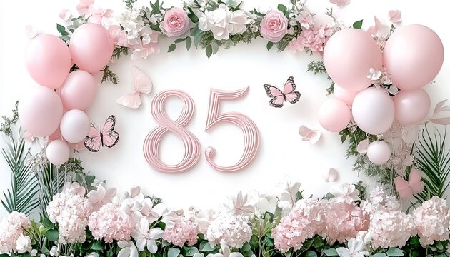 Whimsical 85th Anniversary Celebration with a Garland of Balloons, Flowers, and Butterflies.