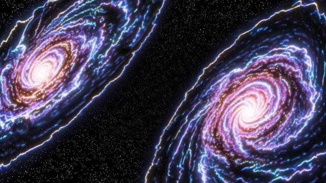 Twin spiral galaxies glowing neon cores, vivid interstellar arms twisting in slow cosmic dance, shimmering dust lanes and bright luminous centers, purple blue hues with sparkling starfield, simulated