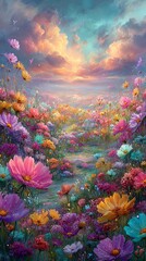 Vibrant field of blooming flowers at sunset.