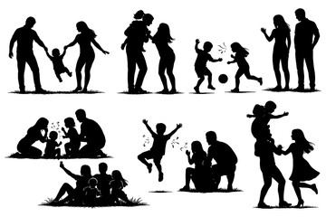 Obraz premium Family activities in silhouette: parents and children playing together outdoors