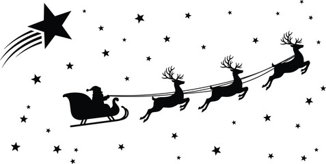Black silhouette of Santa Claus in a sleigh flying with reindeer through a starry night sky with a bright falling shooting star, © MDRAZIURRAHMAN