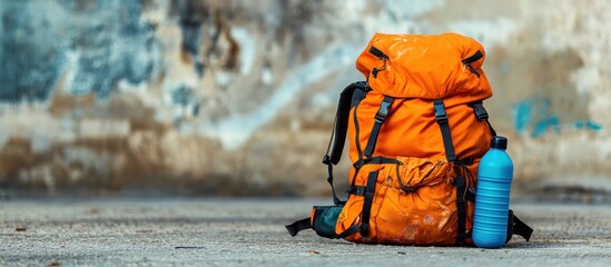 Vibrant orange backpack with a blue water bottle on the ground, ready for outdoor adventure and travel.