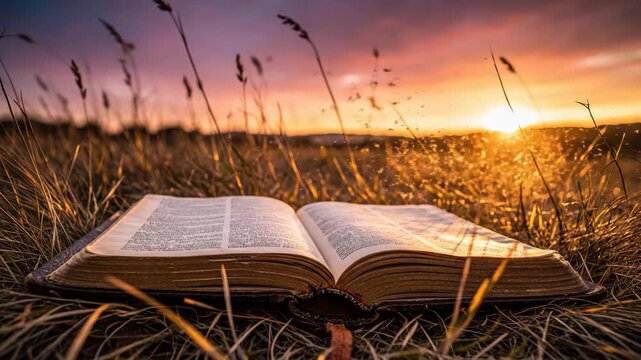 Close-up of an open Holy Bible resting on green grass in a meadow, illuminated by the warm golden rays of a sunset. The scene evokes a spiritual atmosphere of hope, renewal, and redemption.