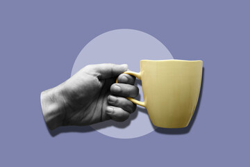 Collage with a male hand holding mug	