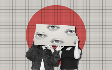 Collage art with a two women holding board with female eyes