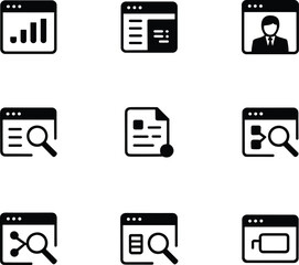 Business analytics dashboard icons set featuring data reports search profiles documents web interface and ui management vector design