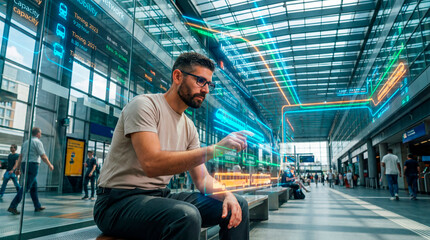 Transit data specialist reviewing real time mobility information inside a train station