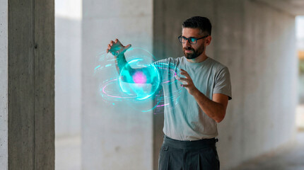 Technology specialist manipulating a holographic globe interface in a modern workspace