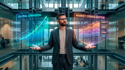 Business strategist comparing global expansion and market consolidation data in a modern office