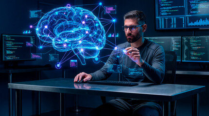 AI researcher working with a holographic brain interface at a computer desk