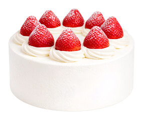 traditional japanese strawberry shortcake with smooth whipped cream topped with fresh whole strawberries on transparent background for elegant bakery dessert presentation