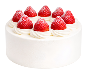 traditional japanese strawberry shortcake with smooth whipped cream topped with fresh whole strawberries on transparent background for elegant bakery dessert presentation