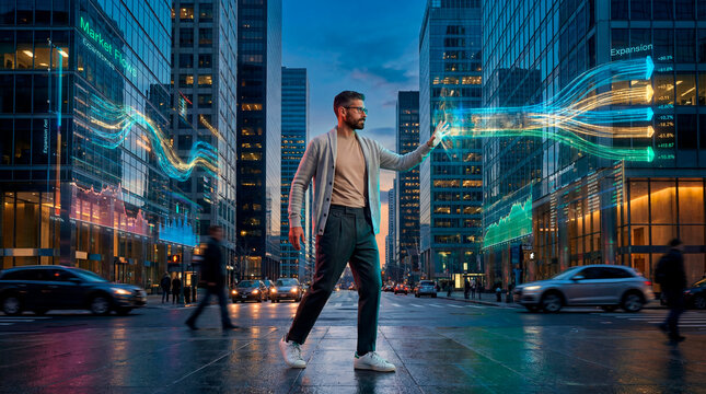 Businessman interacting with digital market data on a city street at dusk - Powered by Adobe