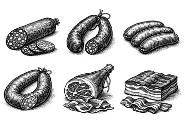 Vintage hand drawn collection of various cured meats and sausages in detailed sketch style