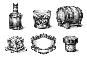 Vintage engraving style whiskey elements with ice and barrel