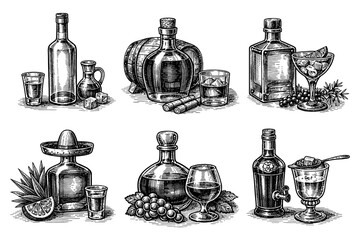 Vintage liquor set with bottles and glasses in engraved style