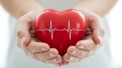 Gentle hands carefully cradle a vibrant red heart model featuring a distinct white electrocardiogram tracing symbol for health awareness