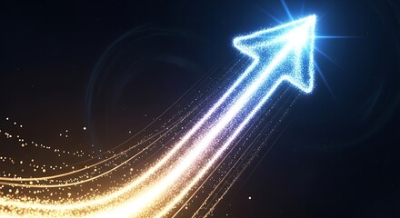 Bright glowing abstract arrow made of shimmering particles streaks upward dynamically symbolizing rapid growth and future success trajectory
