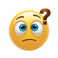 Expressive yellow emoji face with wide blue eyes and a brown question mark above its head conveying confusion and uncertainty